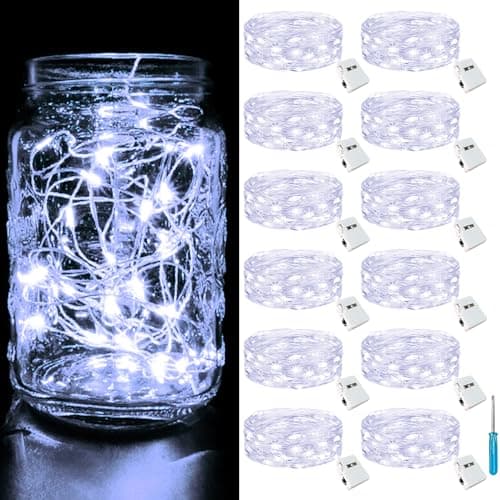 Image of btfarm 12 Pack-3 Modes Fairy Lights Battery Operated, 2M 20LED Small String Lights Battery Powered IP65 Waterproof Silver Wire Mini Fairy Lights Indoor Outdoor for Jars, Christmas, Party, Cool White