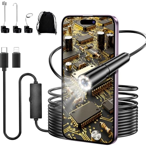 Image of Ruycllo Endoscope Camera with Light, 8mm 1920HD Inspection Camera with 6 LED, IP67 Waterproof Snake Camera with 5m Semi-Rigid Cable, Borescope for Android & iOS, Endoscope for Auto Repair, Plumbing