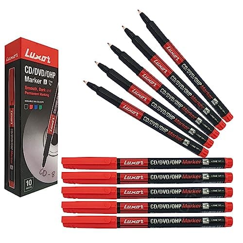 Image of Luxor Permanent Marker Pens, RED, Fine Tip, Pack of 10, CD/DVD/OHP Smooth Surface Markers, Waterproof Ink, Mark Write Draw, iZOFAX Black Ball Pen