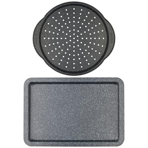 Image of Salter COMBO-9142 Megastone Baking Tray & Pizza Pan Set – Non-Stick Oven Pans, Flat Cookie Sheet, Perforated Crisper Chip Tray With Handles, Carbon Steel, Easy Clean, PFOA-Free, Oven Safe Up To 220°C