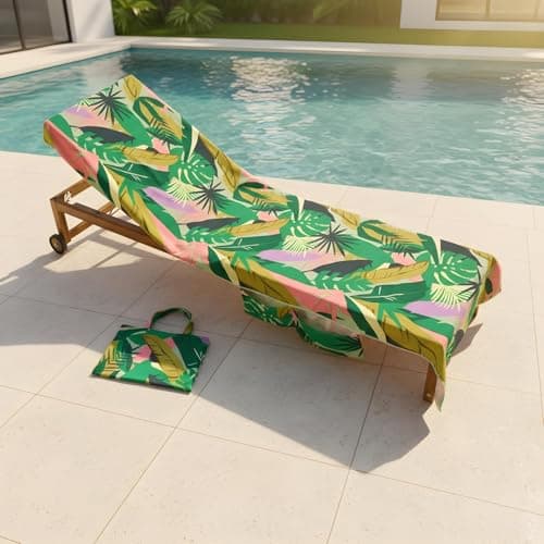 Image of OHS Beach Towel in a Bag Sun Lounger, Soft Quick-Dry Absorbent Sun Bed Towel with Pockets Lightweight Large Beach Towels for Adults Holiday Essentials, 75 x 215cm - Green Palm Print