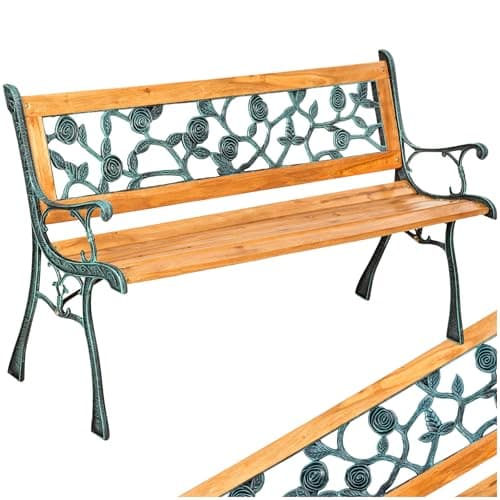 Image of tectake® Decorative Garden Bench - 2 Seater with Cast Iron Sides and Wooden Slats - Ideal for Outdoor Use as Patio Furniture, Park Seat, Terrace - Lacquered Weather-Resistant Wood - Flower Pattern