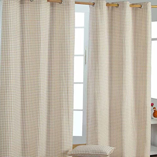 Image of HOMESCAPES Beige Gingham Check Eyelet Curtain Pair 100% Cotton 117cm (46”) Wide x 137cm (54”) Drop