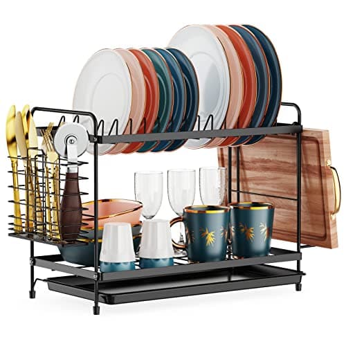 Image of iSPECLE 2 Tier Dish Drainer Rack for Small Kitchens - Compact Dish Drying Rack with Drip Tray, Cutlery Holder & Chopping Board Holder, Rust-Resistant Metal for Kitchen Worktop, Black