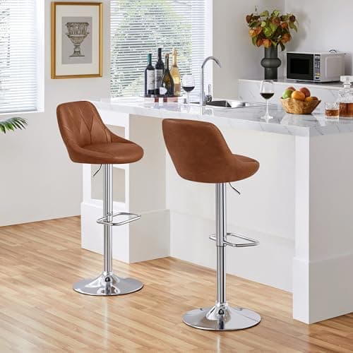Image of Yaheetech Modern Bar Stools Set of 2 Height Adjustable Swivel Chair with Backrest Chrome Footrest for Breakfast Bar Counter Home Kitchen Retro Brown
