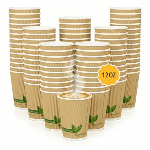 Image of Disposable Paper Cups 12oz Triple Wall Kraft Paper Disposable Cups Pack of 500 Disposable Cups, Ripple Wrap Paper Coffee Cup Hot & Cold Beverage Cups for Coffee, Tea, Water, Party, Office, Events.