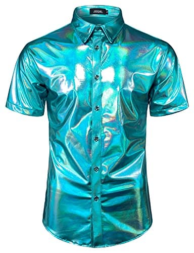 Image of JOGAL Mens Metallic Shiny Nightclub Styles Short Sleeves Button Down Dress Shirts BlueShimmer XX-Large
