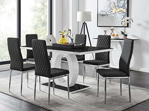 Image of Furniturebox UK Dining Set - Giovani Modern High Gloss and Glass Black and White Dining Table and 6 Black Milan Chairs with Silver Legs