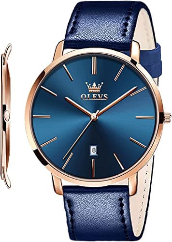 Image of OLEVS Mens Wrist Watches Ultra Thin 6.5mm Minimalist Leather Blue Dial Watch Business Dress Waterproof Date Slim Watches for Men