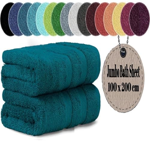Image of Pack of 2 Extra Large Jumbo Bath Sheets 100 x 200 cm 100% Egyptian Combed Cotton XL Towels Quick Dry Big Bath Sheet Super Soft Hotel Quality Towels Set (Blue Lagoon)