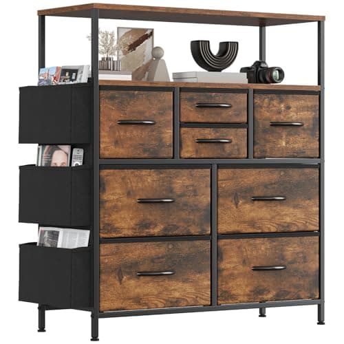 Image of Feonase Tall Chest of Drawers, 8 Fabric Drawers Dresser with Shelf and 3 Side Pockets, Metal Frame, MDF Top Board, Versatile Organizer Storage Unit for Bedroom, Living Room, Rustic Brown