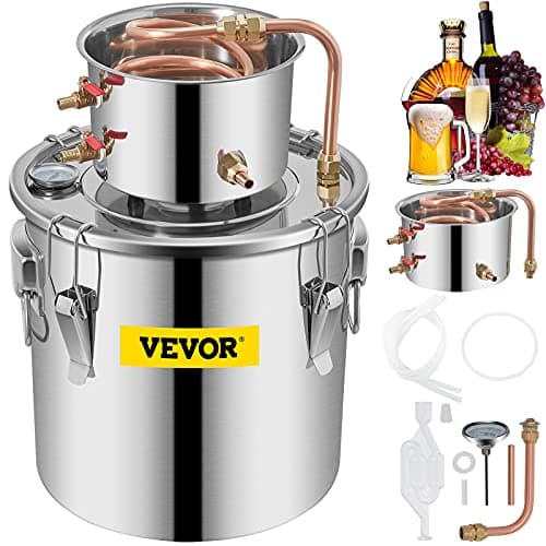 Image of VEVOR Moonshine Still 5 Gal 21L Stainless Steel Water Alcohol Distiller Copper Tube Home Brewing Kit Build-in Thermometer for DIY Whisky Wine Brandy, 5Gal, Silver