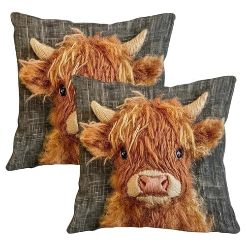 Image of SKIPTHYBER Highland Cow Cushion Covers- 2PCS Highland Cow Pattern Cushion Covers 3D Animal Print Decorative Pillow Case for Sofa Couch Living Room Farmhouse Decor 18x18 In