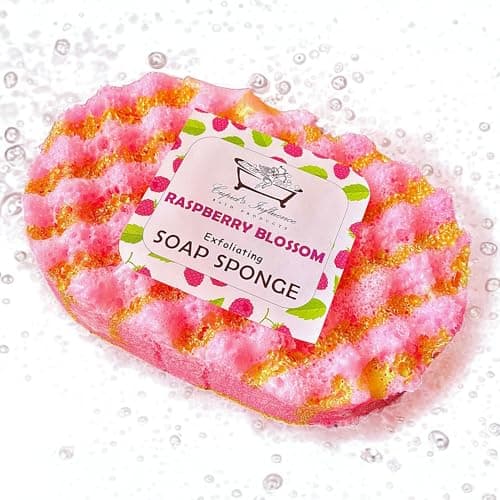 Image of Raspberry Blossom Exfoliating Soap Sponge | Exfoliating Body Wash | Soap Filled Sponge | Shower Puff | Tan Remover & Body Scrub | Raspberry Body Wash | Shower Products | Stocking Fillers | Vegan Soap