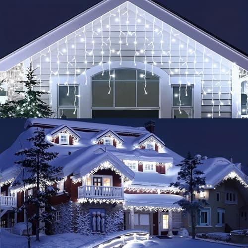 Image of Rintea Christmas Lights Outdoor 33FT/10M 400 LED, IP44 Waterproof Outdoor Icicle Lights with Timer and 8 Modes, Plug in Xmas Lights Outdoors, Gutter, Roof, Garden Cool White