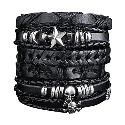 Image of Yolev 6 Pcs Leather Bracelet Men Braided Wide Wristband Black Punk Rock Skull Bracelet Set for Men Women Woven Cuff Wrap Vintage Bracelet Adjustable Length Woven Leather Bracelet