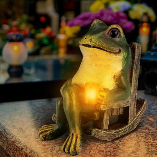 Image of JIZZU Solar Frog Garden Ornaments Outdoor, Home Decor Garden Frogs Figurine with Waterproof Led Lights Decorations for Patio Balcony Yard Unique Housewarming Gifts