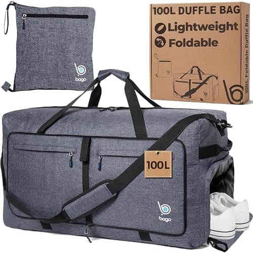 Image of bago Holdall Bags for Men & Women - 100L Spaciously Large Holdall Bag with Shoe Compartment - Travel The World in Style & Convenience - Durable, Lightweight & Foldable Duffle Bag (SnowBlack)