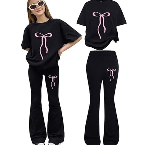 Image of Girls Tracksuit Heart Bow Print Short Sleeve Tops T-Shirt And Flared Trousers Teenager Y2K 2 Piece Outfits Kids Track Suits Activewear Sets For Girls (Black #2, 11-12 Years)
