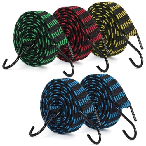 Image of 5Pcs Bungee Cords with Hooks, IKR Bungee Straps 2m/6.6ft Long Elastic Bungee Rope Luggage Bungee Straps Anti-slip Flat Elasticity Rubber Straps for Luggage Camping Roof Racks Moving Cargo