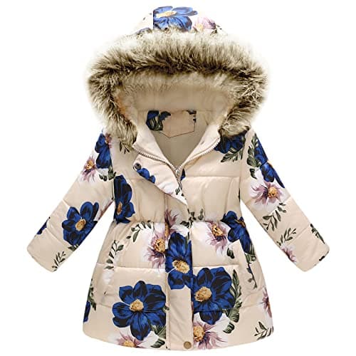 Image of amropi Girls Winter Coat Floral Hooded Jacket with Faux Fur Warm Parka Padded Overcoat 4-5 Years, Beige Flower
