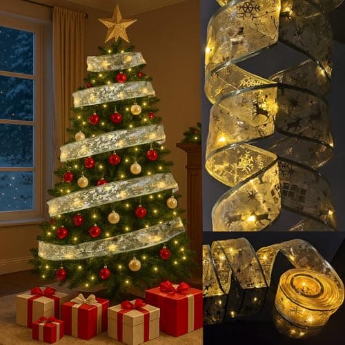 Image of AMLOOPH Christmas Tree Lights, Gold 6m Christmas Tree Ribbon String Fairy Lights for Tree Christmas Decorations, Battery Warm White 60 LED Ribbon Christmas Lights Indoor for Xmas Tree Decorations