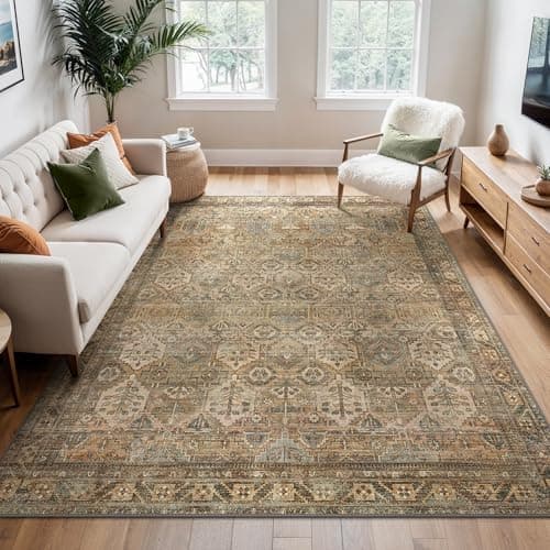 Image of BEIMO 200x290cm Area Rugs for Bedroom,Vintage Boho Carpets for Living Room Non Slip Machine Washable Rug Short Low Pile Rug for Kitchen Dining, Hallway, Office-Olive Green