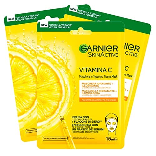 Image of 3x Garnier SkinActive Disposable Face Mask in Moisturizing and Illuminating Sheet with Vitamin C and Hyaluronic Acid - 3 Disposable Masks