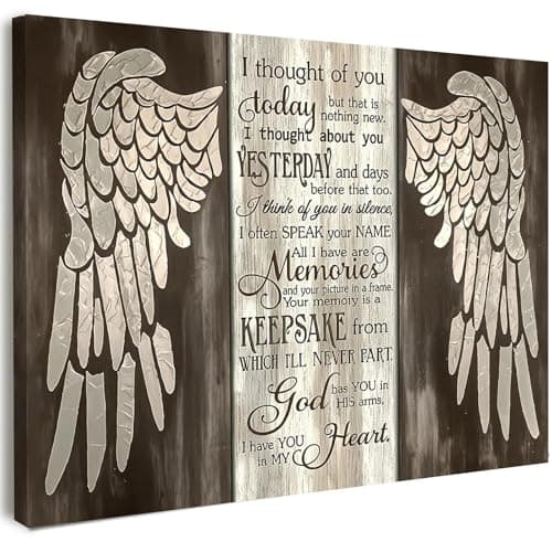 Image of Canvas Wall Art Framed – Angel Wings Memorial Wall Decor with Comfort Quote, Elegant Remembrance Artwork for Bedroom, Living Room, Hallway or Entryway Home Decoration, with Hooks and Nails, 12x16 Inch