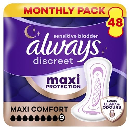 Image of Always Discreet Maxi Comfort Incontinence Pads Women, Absorbency 9, 48 Pads, Extra Secure Bladder Weakness Pads for Sensitive Bladder, Odour Lock