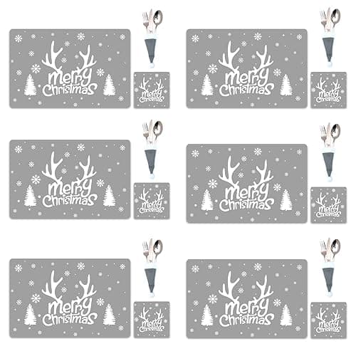 Image of Fox·Bunny Christmas Table Decoration - 18Pcs Christmas Placemats Coasters Cutlery set, Christmas Placemats Sets, Christmas Table Mats, Home Table Mats, Washable Heat Proof Table Mats