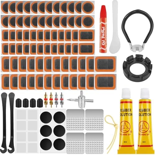 Image of Ysimple 108Pcs Puncture Repair Kit Bike Tyre, Bike Puncture Repair Kit with Patches/Spoke Wrench/Spoke Key, Bicycle Inner Tube Scabs Tyre Repair Kit for Mountain, Commuter, Bikes, Moto