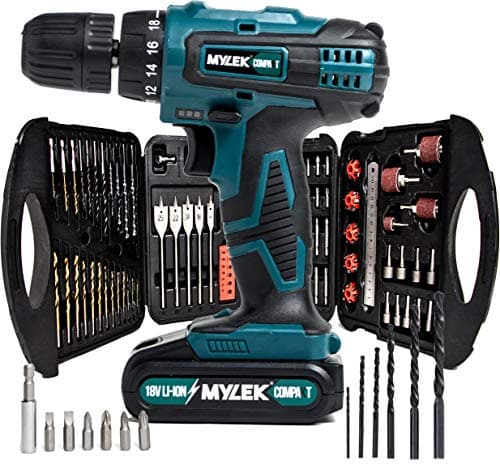Image of MYLEK 18V Li-ion Cordless Drill Driver Set 131 Piece Combi Accessory Kit - LED Worklight (131 Piece Drill Set & 1 Battery, Blue)