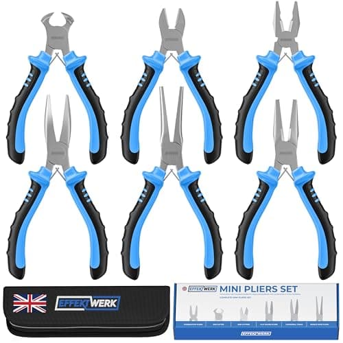 Image of Effektwerk 6-Pc Mini Pliers Set, Linesman, Long Nose, Needle Nose, Bent Nose, Diagonal Cutting & Wire Cutters, Electrician Tool Kit w/Small Pouch, Use for Jewellery Craft & Electronic Repairs