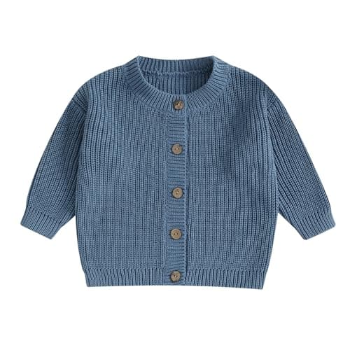 Image of Geagodelia Toddler Baby Girl Boy Warm Sweater Cardigan Long Sleeve Solid Color Button Down Knitted Pullovers Tops Shirt Knit Jumpers Sweatshirt Winter Warm Chunky Knitwear (Navy Blue, 0-3 Months)