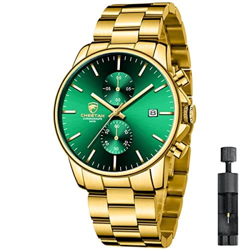 Image of Affute Watches Men with Casual Waterproof Chronograph Quartz Watch Made of Stainless Steel and Metal, Auto Date in Colourful Hands - Gold Green