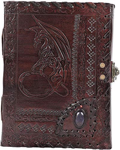 Image of OVERDOSE Dragon with Stone Embossed Leather Journal - Handmade Antique Stone Journal For Students Men & Women Diary Leather Sketchbook Drawing Journal Notebook - 6 X 8 Inches | 15 X 20 cm | A5
