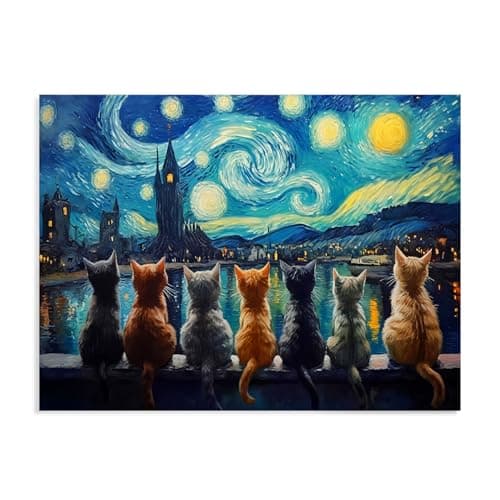 Image of Dazzlewall Starry Night With Cats Wall Art,Artistic Vintage Cat Oil Painting Arts Prints for Bedroom Living Room Decor 12x16 in Unframed