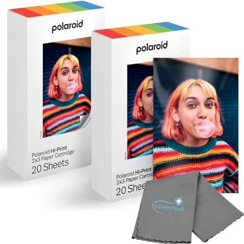 Image of Polaroid Hi Print 2x3 Paper Cartridge, Peel and Stick, 2 Pack (40 Photos) with a Lumintrail Microfiber Cleaning Cloth