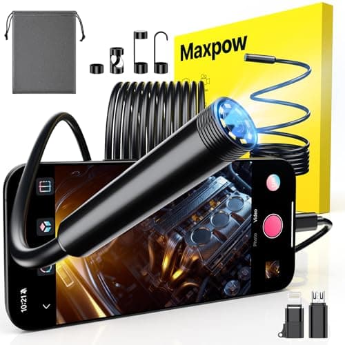 Image of Maxpow Endoscope Inspection Camera - Plug & Play for iPhone/Android (No WiFi needed), Snapshot & Video Record, IP67 Waterproof, 1920 HD, For Engine, Plumbing, Inspection Camera (5m) -upgrade