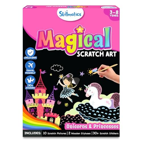 Image of Skillmatics Scratch Art Book for Kids - Unicorns & Princesses, Craft Kits & Supplies, 30+ Scratch Stickers, Travel Toys, DIY Kit, Gifts for Girls & Boys Ages 3, 4, 5, 6, 7, 8