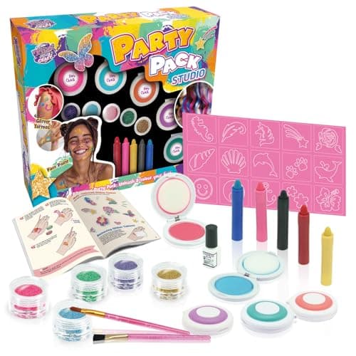 Image of PARTY PACK STUDIO –All-in-One Face Paint, Glitter Tattoo and Hair Colouring Chalk with Stencils and Brushes | 15 Stencils, 30 Applications, Washable | Parties and Festivals | Face paint kit Ages 6+