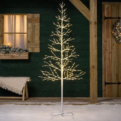 Image of Christow White Twig Tree With Lights 6ft, Light Up Outdoor Christmas Tree, Pre Lit Indoor Birch, Warm White Micro LED, Mains Operated (384 LED)