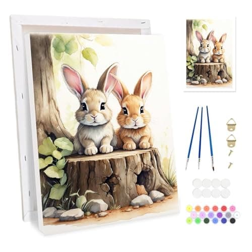 Image of Bowetile Valentine's Bunny Framed Paint by Numbers for Adults, Animals Painting by Numbers Kit for Adults Beginners Canvas Kit, DIY Color Oil Painting Acrylic Paints for Home Wall Decor 20x30cm
