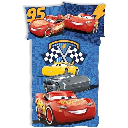 Image of Disney Cars Track Stars Cot Bedlinen Set | Junior Size Duvet Cover 100x135 cm with Pillowcase 40x60 cm, 100% Cotton | Flash Lightning McQueen Bedding Set for Toddlers