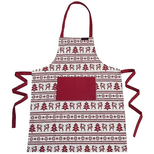 Image of Ragged Rose Christmas Apron - Cotton Apron for Cooking & Dishwashing with Neck Strap, Large Front Pocket, & Long Ties - Kitchen Gifts for Women & Men Nordic Christmas Red Apron - 85 cm x 68 cm