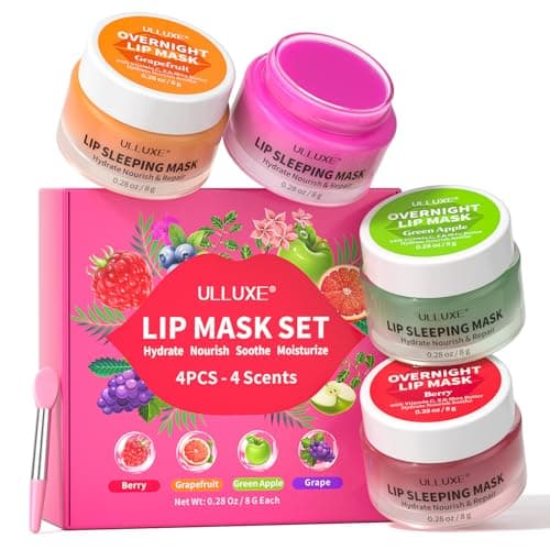 Image of Lip Sleeping Mask 4PCS – Hydrating Lip Balm Set for Women & Men, Overnight Lip Care to Soothe Dry Lips, Mini Lip Balm Collection with Berry, Grapefruit, Green Apple, Grape