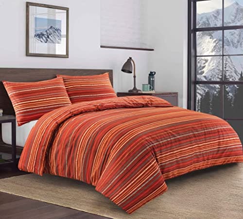 Image of HOMES-LINEN Leon Stripe Lines Printed Easy Care Reversible Duvet Cover Bedding Set (Red, Double)