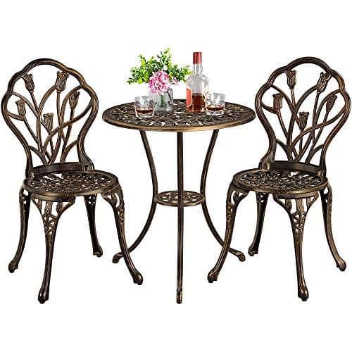Image of Yaheetech 3 Piece Patio Bistro Set, Garden Round Aluminum Table with 2 Chairs, Outdoor Antique Rose Vine Dining Furniture for Backyard, Porch, Balcony, Lawn, Bronze
