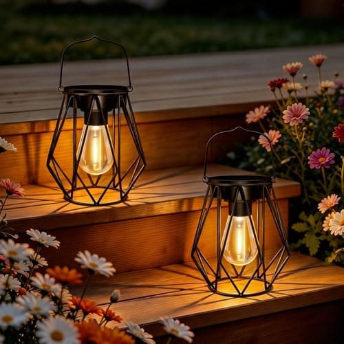 Image of 2 Pack Solar Lights Outdoor Garden, Hanging Solar Lanterns with LED Bulbs, Waterproof Garden Ornaments, Metal Outdoor Lanterns for Decoration Patio Pathway Yard Table Porch, Warm White